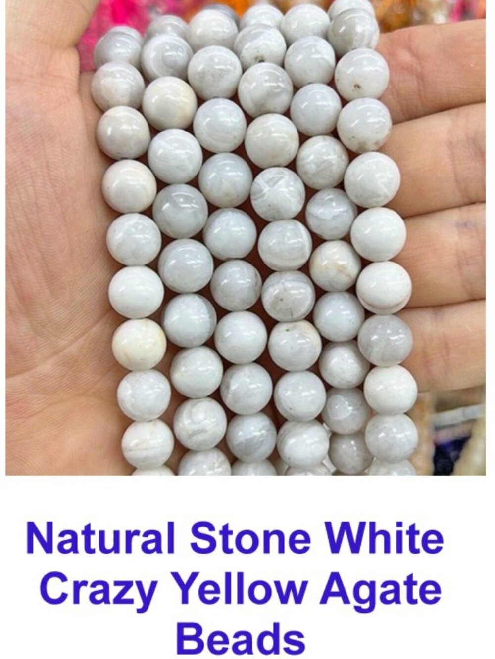 Natural Stone White Crazy Yellow Agate Beads 15" Strand